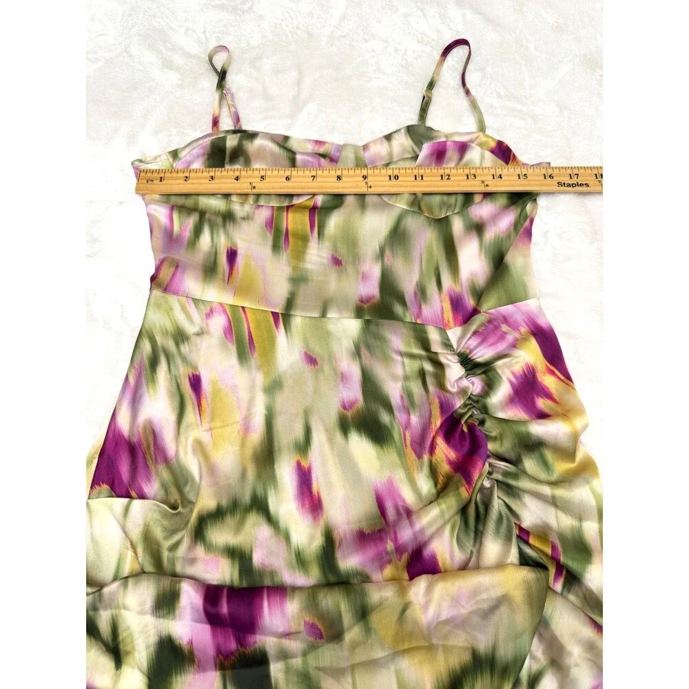CIDER Watercolor Satin Ruched Asymmetrical Bodycon Midi Dress – Size Small